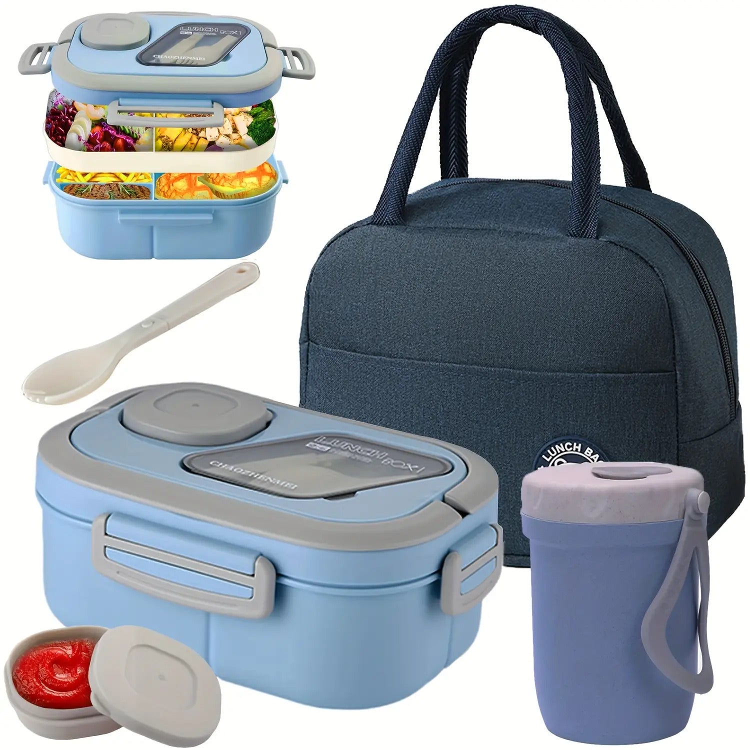2-Layer Bento Box Complete Set with Cup, Bag & Cutlery - Premium Lunch Box with Multi-Compartments & Sauce Container for Work & Travel