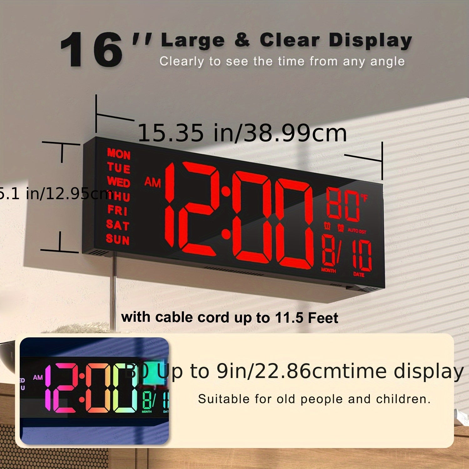 16.2" Large Digital Wall Clock with LED Display - Dual Alarm, 8 RGB Colors, Auto Brightness & Remote Control - Perfect for Living Room, Bedroom, Office & Gym