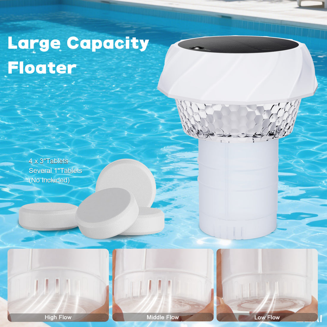 Solar Pool Chlorine Floater with Remote Control 7 Colorful Lights 4 Light Mode 3 Timer Adjustable 3 Inch Tablet Release