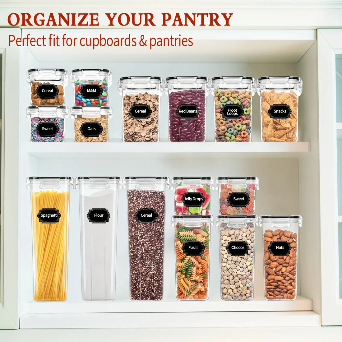 24-Piece BPA-Free Airtight Food Storage Containers with Lids – Plastic Kitchen & Pantry Organization Canisters – Includes 40 Labels – Black