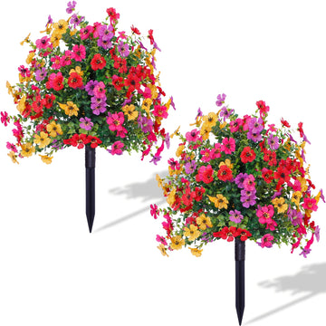 1/2pcs Artificial Daisy & Eucalyptus Plug-In Flowers with Ground Spikes – UV-Resistant Outdoor/Indoor Floral Decor