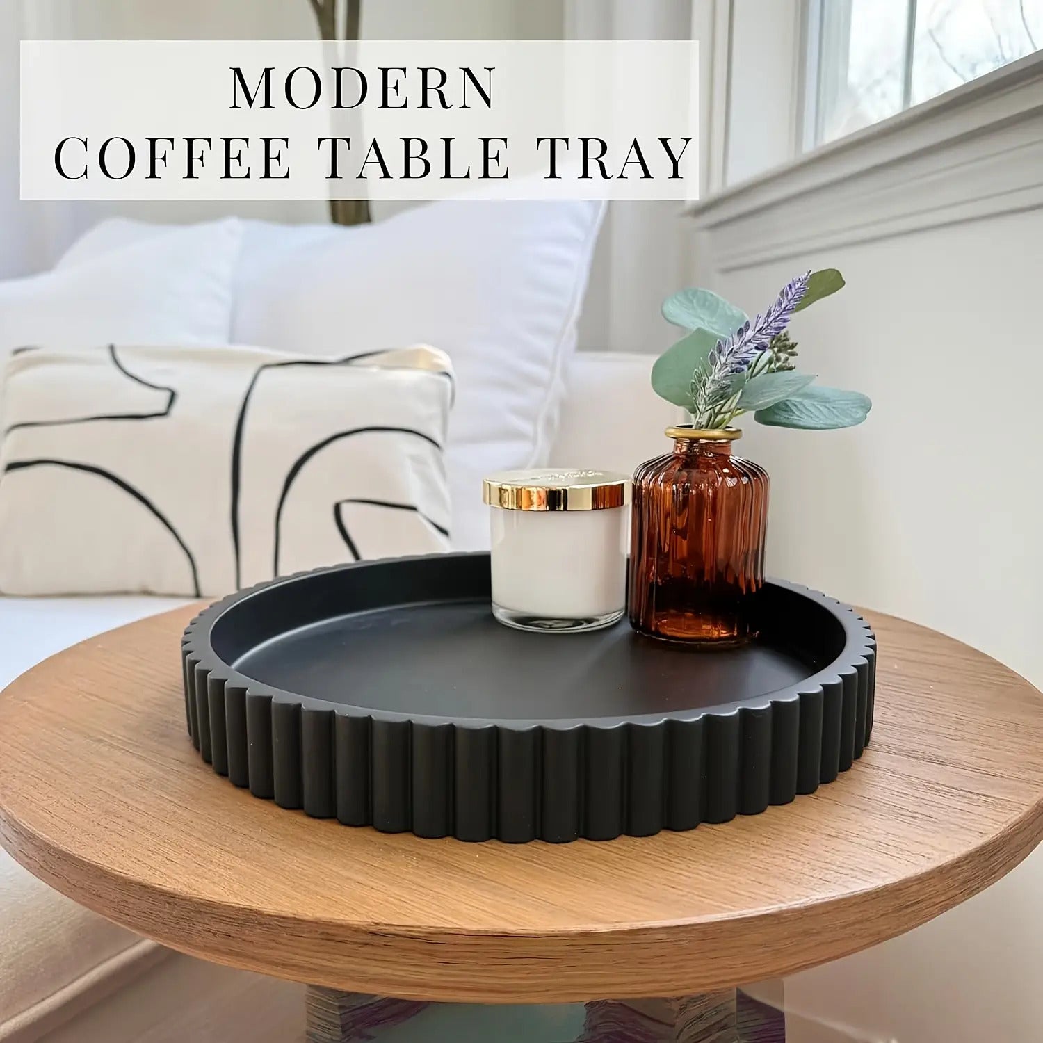 Boho Round Wood Decorative Tray - Multipurpose Coffee Table Centerpiece & Jewelry Organizer - Solid Pattern Design with Powder Coated Finish
