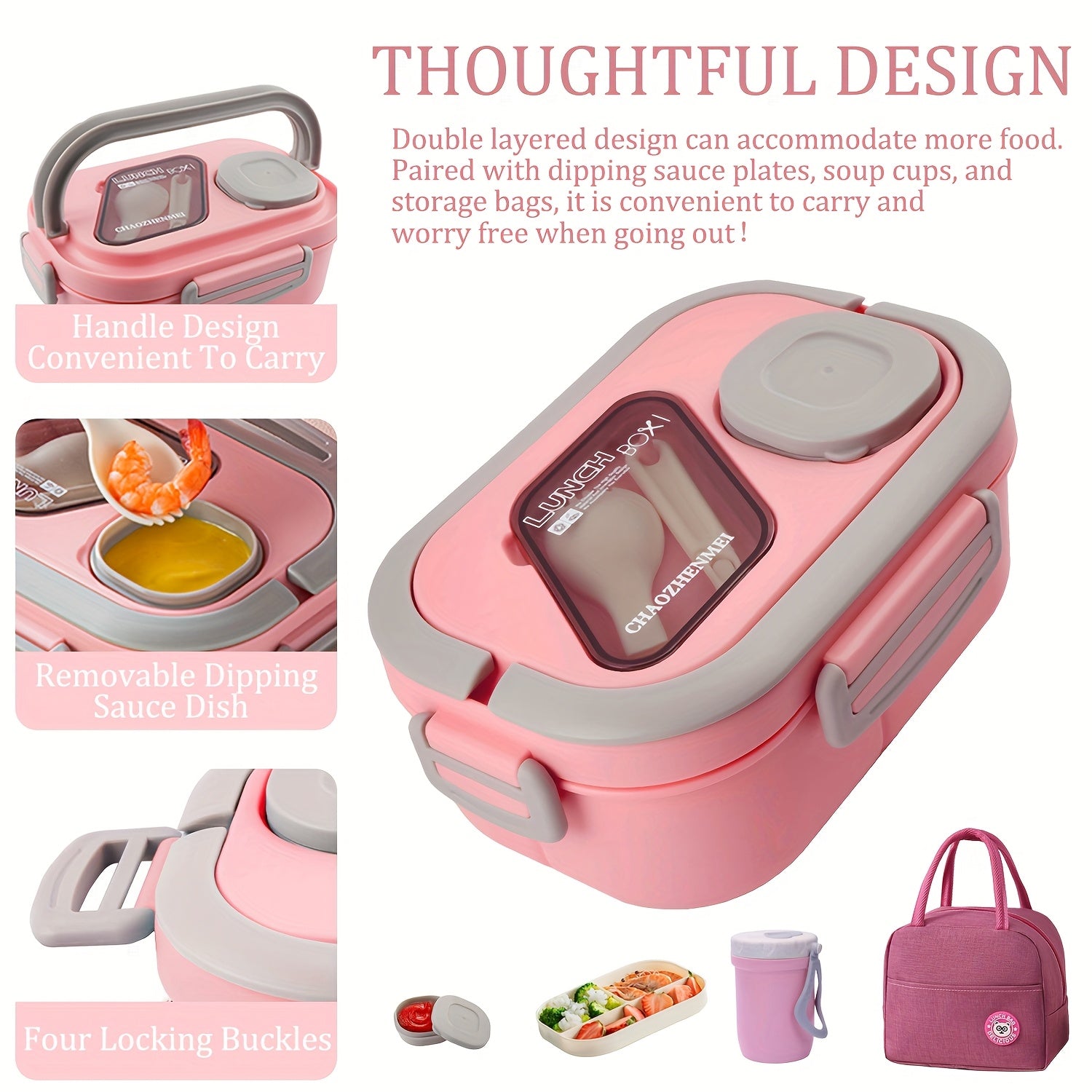 2-Layer Bento Box Complete Set with Cup, Bag & Cutlery - Premium Lunch Box with Multi-Compartments & Sauce Container for Work & Travel
