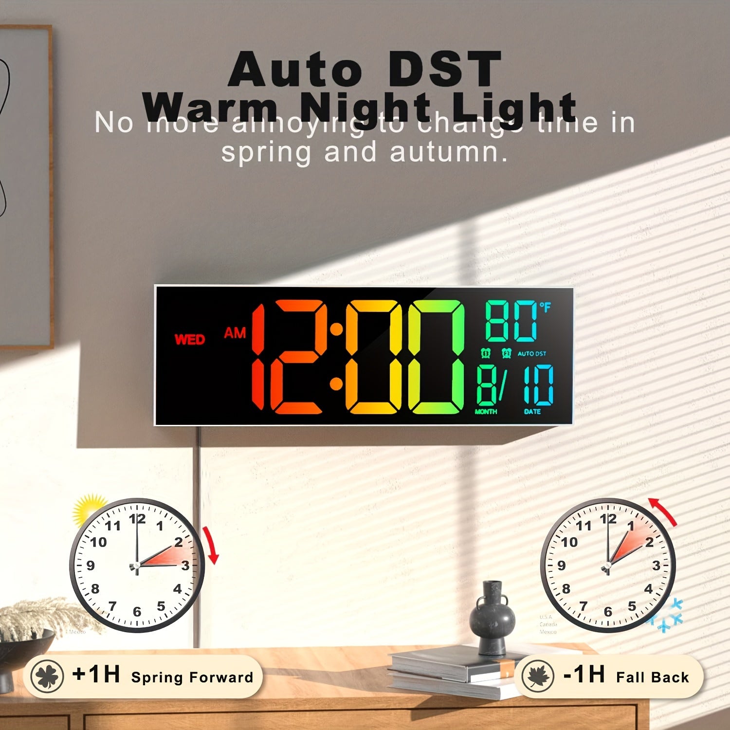 16.2" Large Digital Wall Clock with LED Display - Dual Alarm, 8 RGB Colors, Auto Brightness & Remote Control - Perfect for Living Room, Bedroom, Office & Gym
