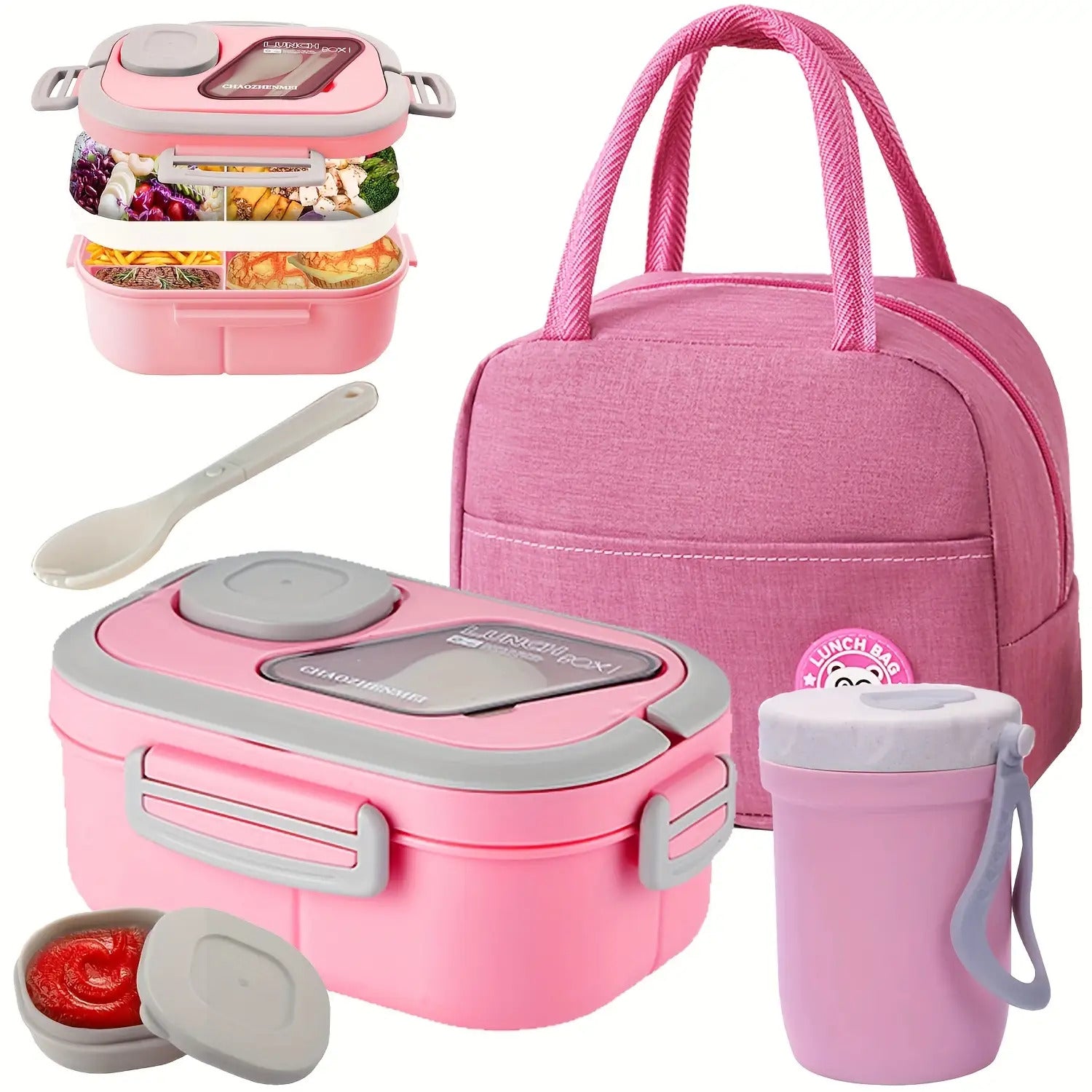 2-Layer Bento Box Complete Set with Cup, Bag & Cutlery - Premium Lunch Box with Multi-Compartments & Sauce Container for Work & Travel