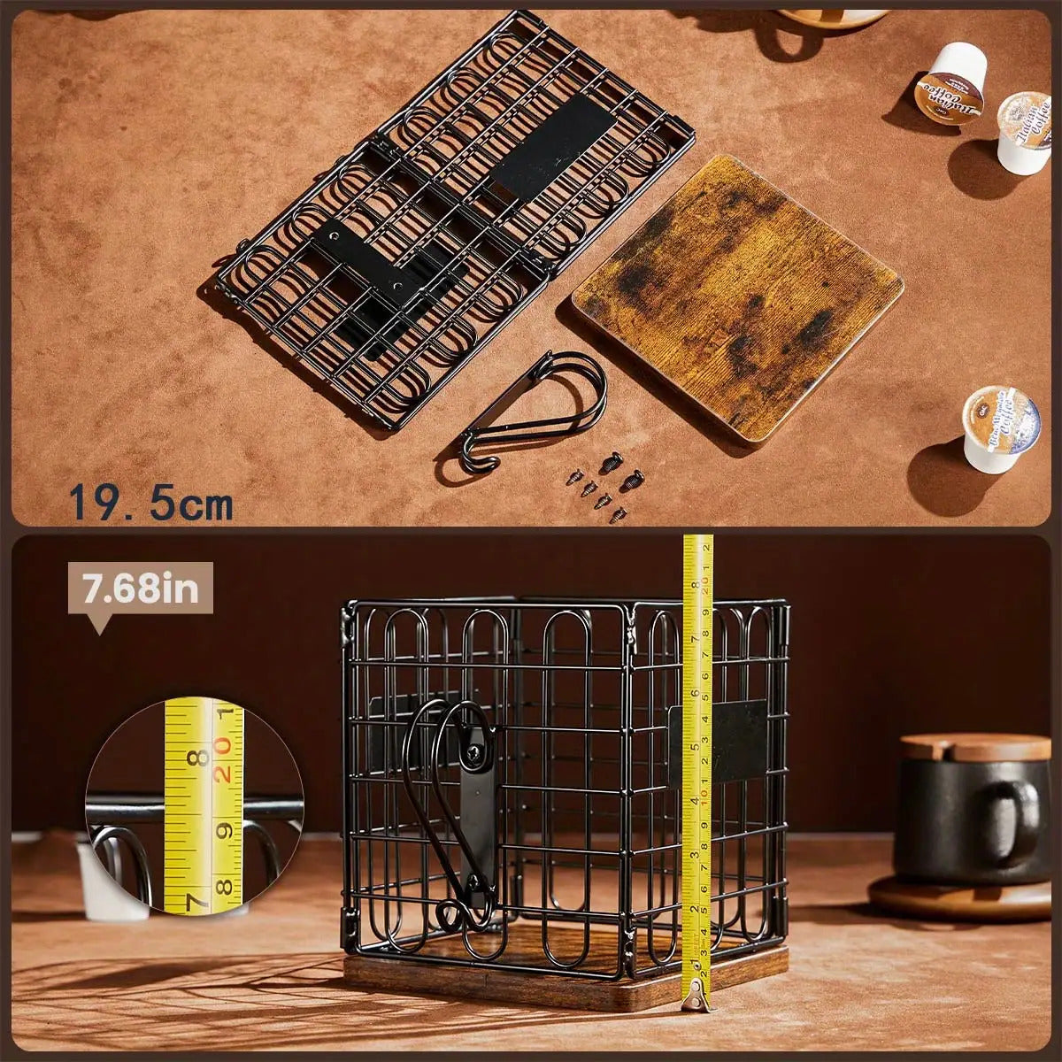 Black Wood & Iron K-Cup Holder with Double Storage Drawers - Coffee Station Organizer Rack for Capsules & Accessories