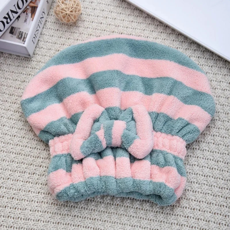 Quick-Dry Super Absorbent Hair Towel Cap for Women - Striped Pattern Fast Drying Hair Bonnet & Shower Accessory