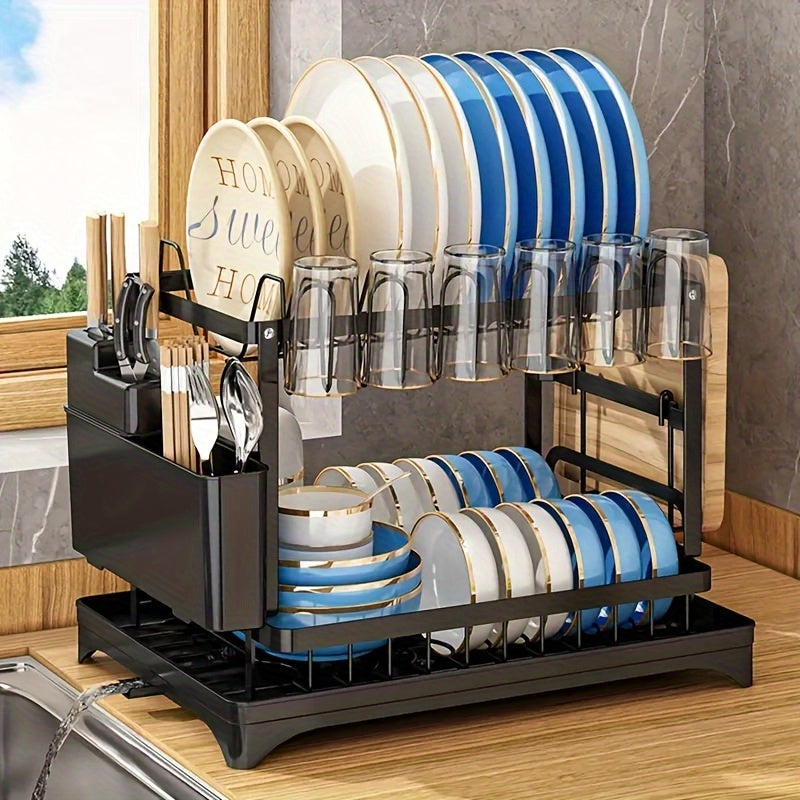Golden 2-Layer Dish Drying Rack - Premium Kitchen Countertop Organizer with Knife Cup & Cutlery Holder for Space-Saving Storage