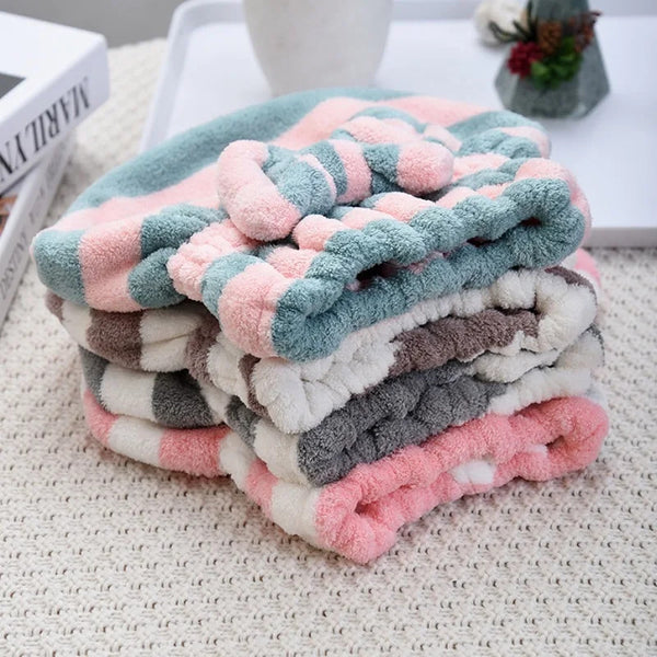 Quick-Dry Super Absorbent Hair Towel Cap for Women - Striped Pattern Fast Drying Hair Bonnet & Shower Accessory