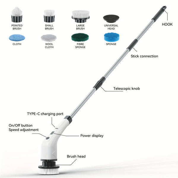 7-in-1 electric cleaning brush with telescopic handle and multiple attachments