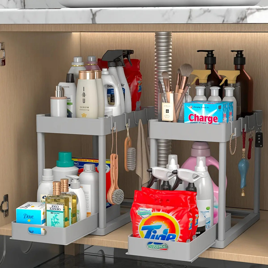 2-tier under sink organizer 2-pack with sliding basket drawers installed in kitchen cabinet