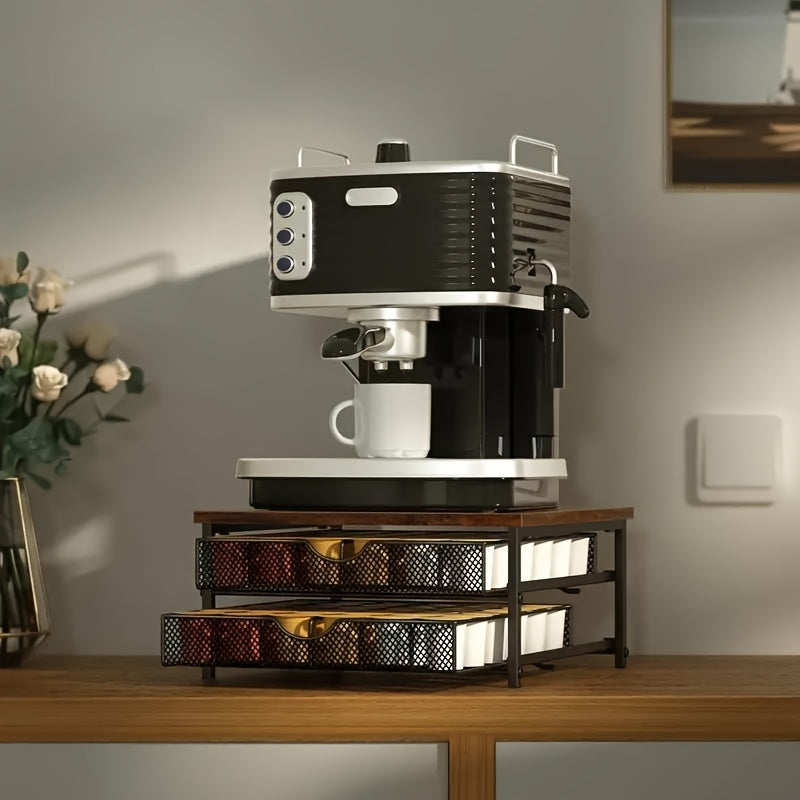 Black Wood & Iron K-Cup Holder with Double Storage Drawers - Coffee Station Organizer Rack for Capsules & Accessories