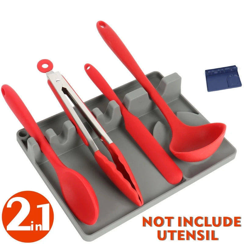 2-in-1 Silicone Spoon Holder with Drip Pad - 5-Slot Utensil Rest for Stove Top, Anti-Drip & Space-Saving Design