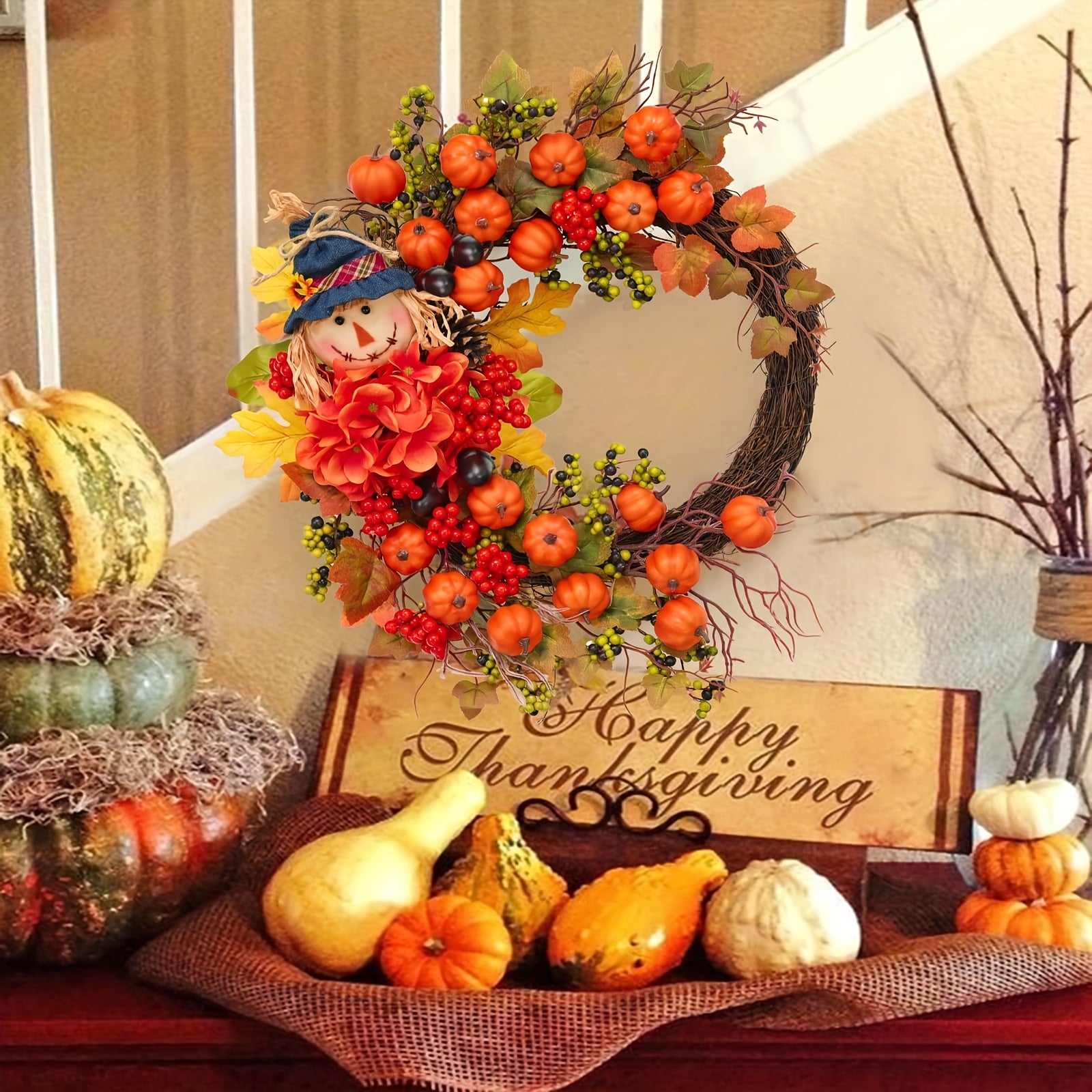 Fall Door Wreath with Pumpkin & Scarecrow - Thanksgiving Harvest Decoration
