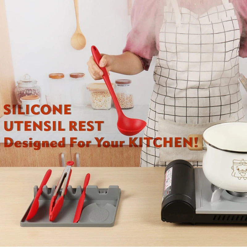 2-in-1 Silicone Spoon Holder with Drip Pad - 5-Slot Utensil Rest for Stove Top, Anti-Drip & Space-Saving Design