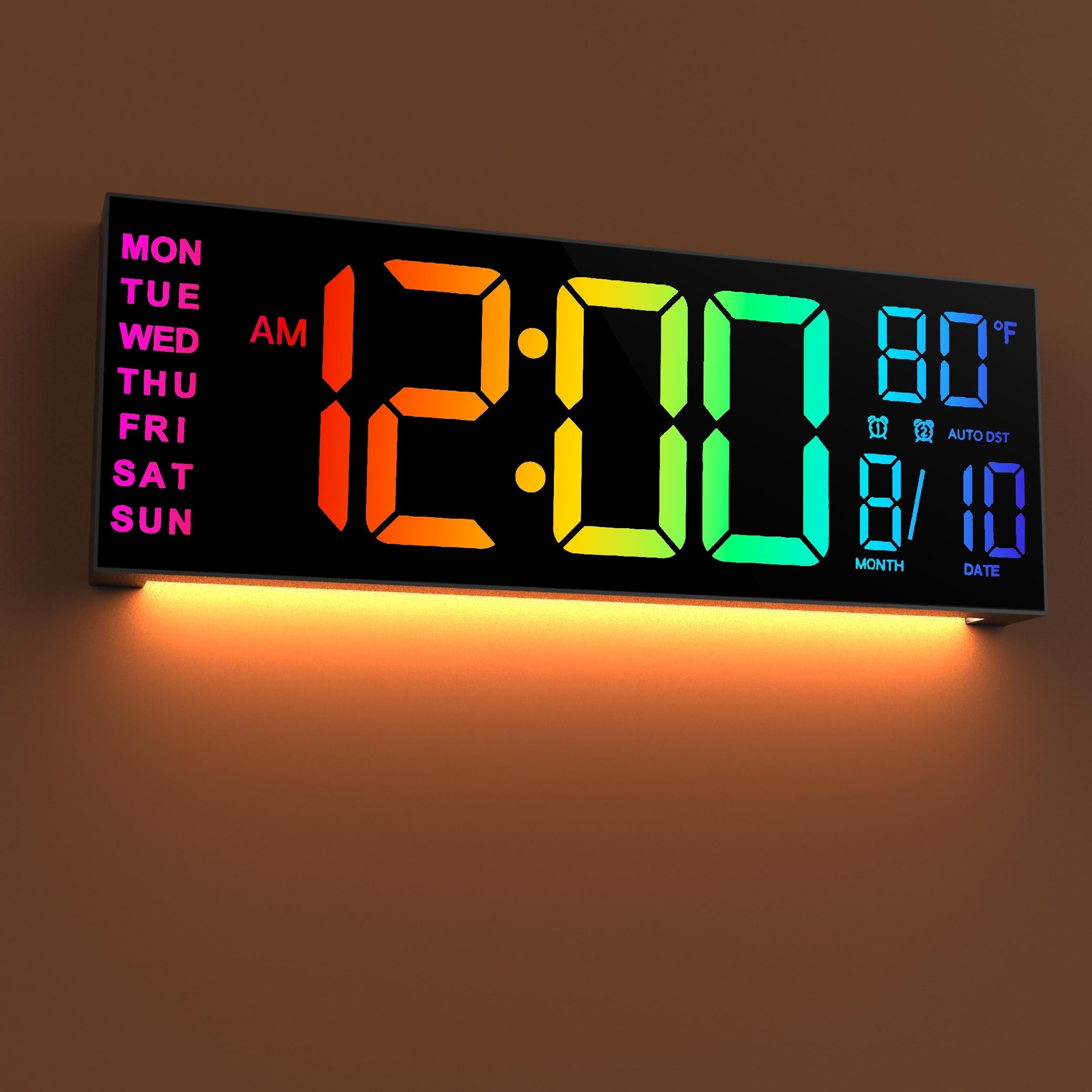 16.2" Large Digital Wall Clock with LED Display - Dual Alarm, 8 RGB Colors, Auto Brightness & Remote Control - Perfect for Living Room, Bedroom, Office & Gym