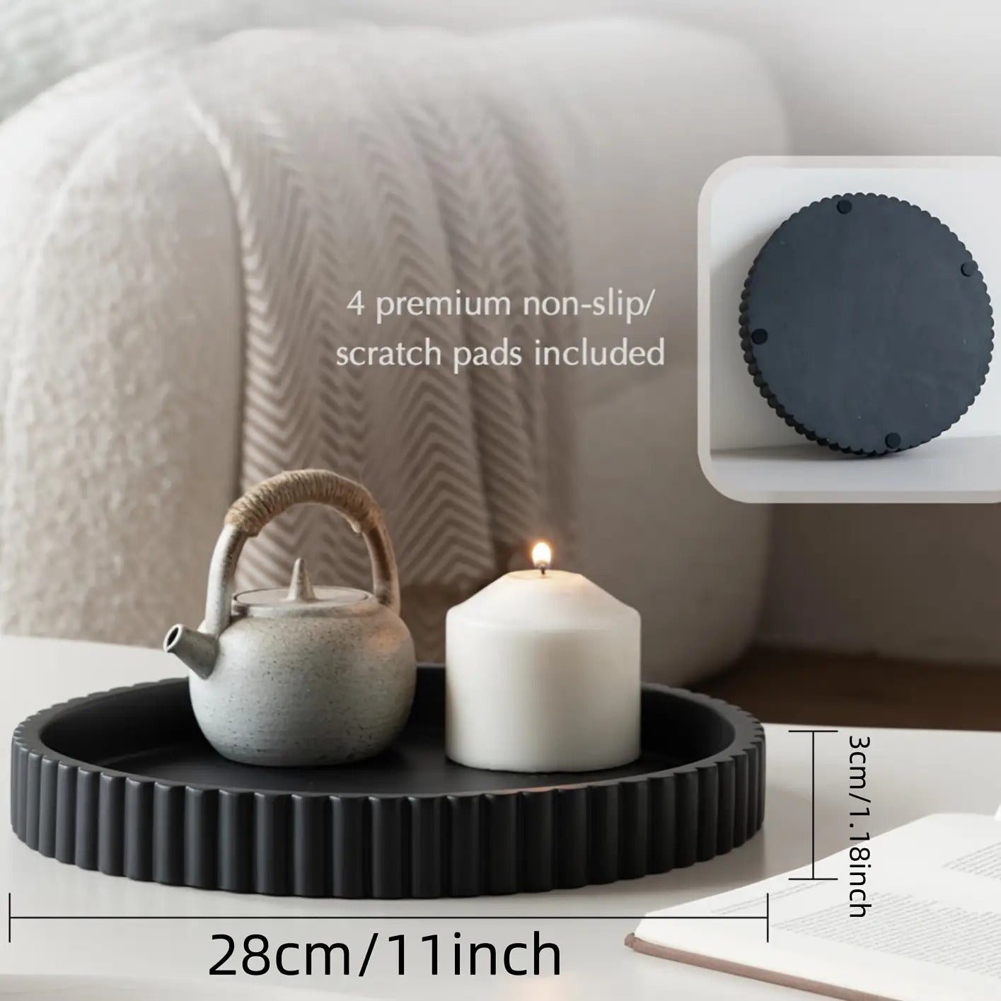 Boho Round Wood Decorative Tray - Multipurpose Coffee Table Centerpiece & Jewelry Organizer - Solid Pattern Design with Powder Coated Finish
