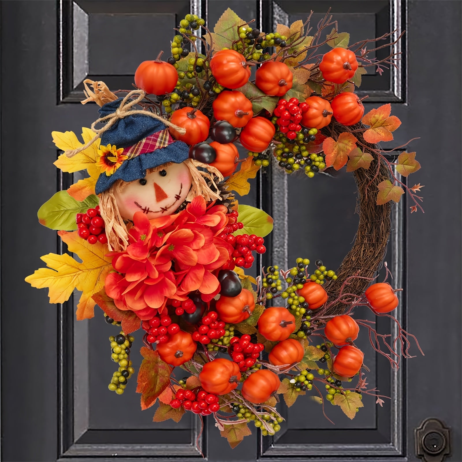 Fall Door Wreath with Pumpkin & Scarecrow - Thanksgiving Harvest Decoration