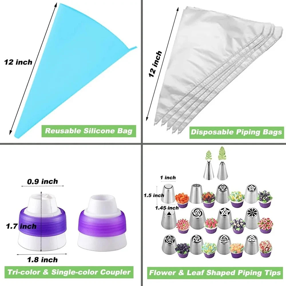 27PCS Professional Stainless Steel Russian Piping Nozzles Set - for Cake, Marshmallow & Pastry Decorating with 10 Disposable Bags