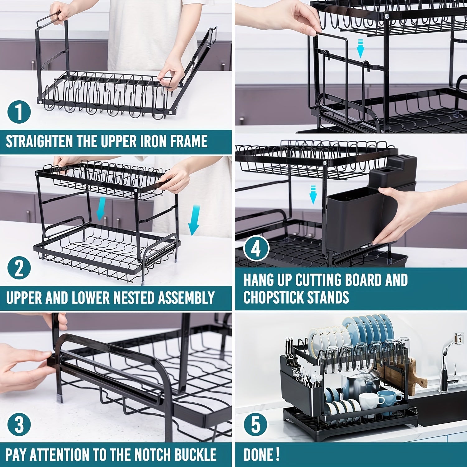 Golden 2-Layer Dish Drying Rack - Premium Kitchen Countertop Organizer with Knife Cup & Cutlery Holder for Space-Saving Storage