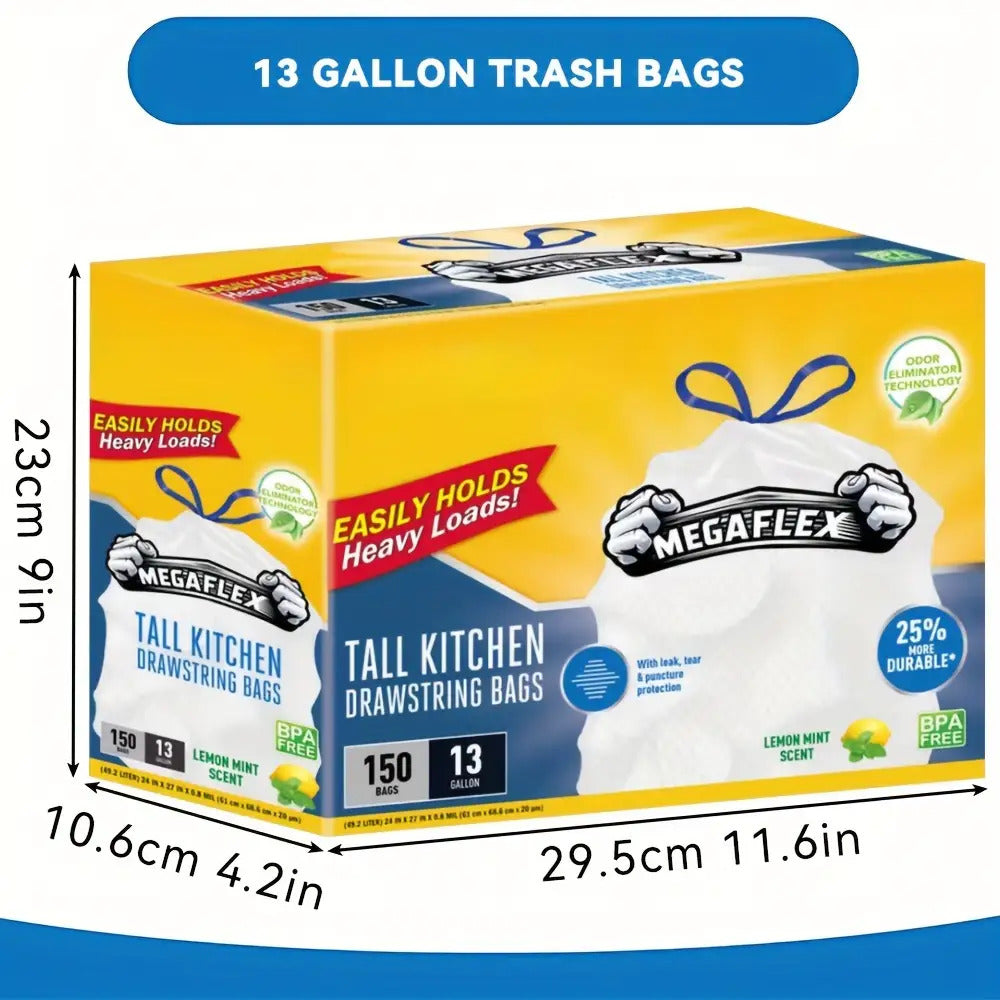 150pcs Disposable Drawstring Garbage Bags – 13 Gallon, Tear & Puncture Resistant, Odor Eliminator with Lemon Mint Scent