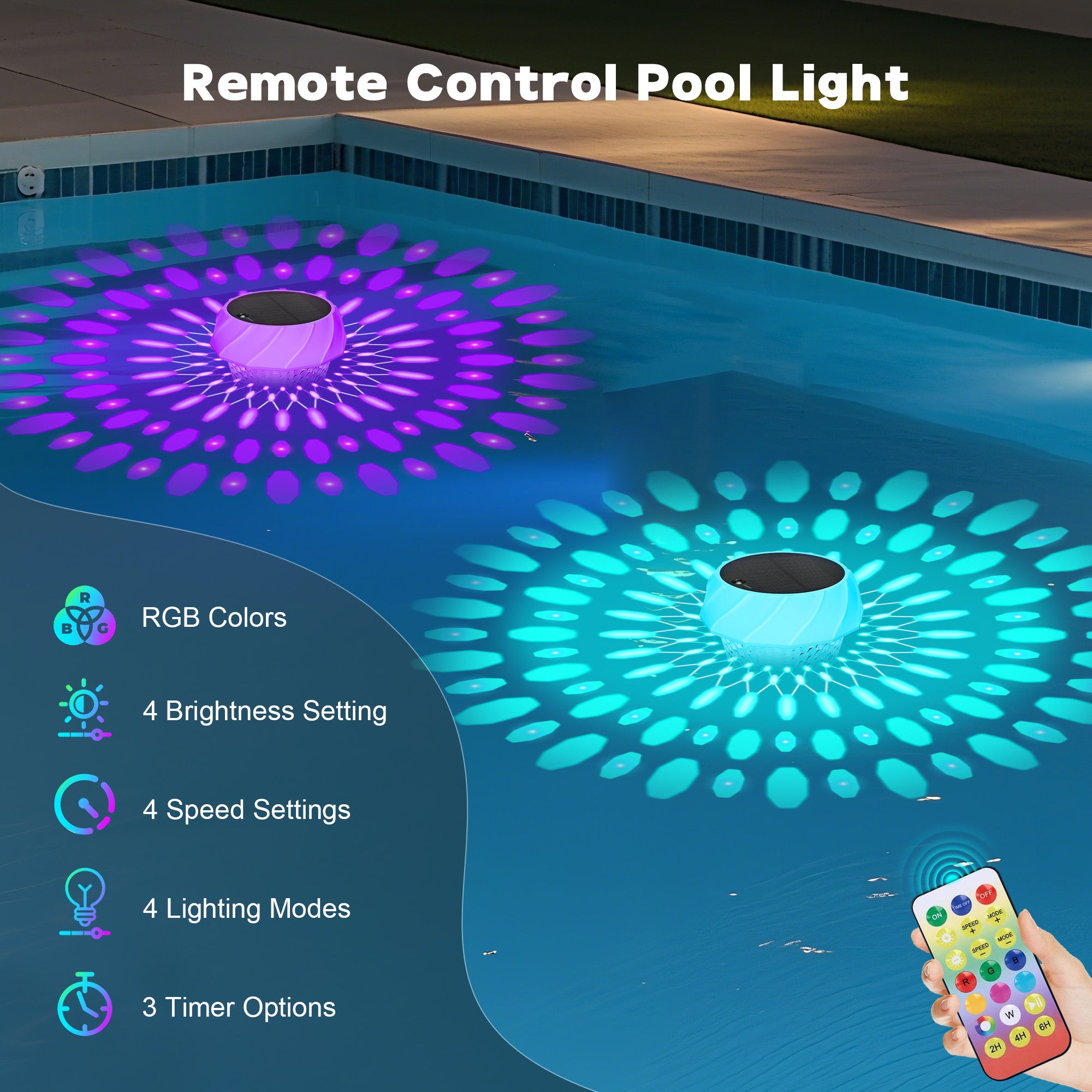 Solar Pool Chlorine Floater with Remote Control 7 Colorful Lights 4 Light Mode 3 Timer Adjustable 3 Inch Tablet Release