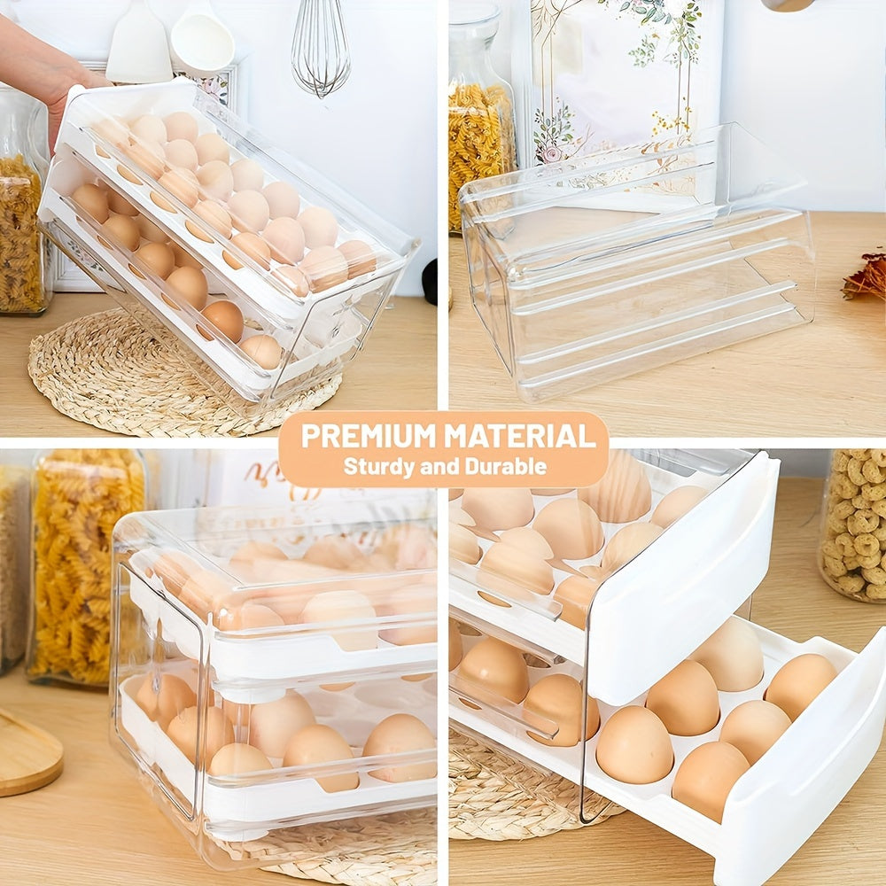 2-Layer Stackable Egg Holder for Refrigerator - Clear Plastic Egg Tray with Handles, Holds 36 Eggs (18 per Layer)