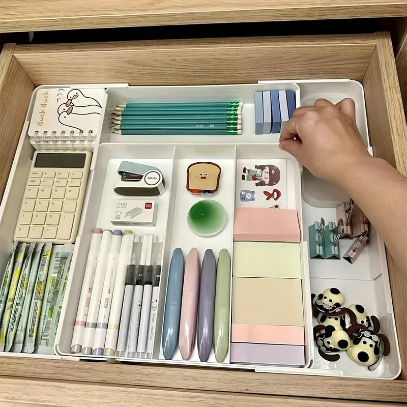 Versatile adjustable organizer set showing modular configuration for desk kitchen and office storage