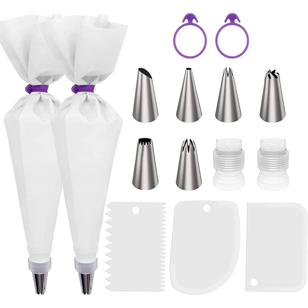 15-Piece Professional Silicone & Stainless Steel Cake Decorating Set - Icing Nozzles & Bags