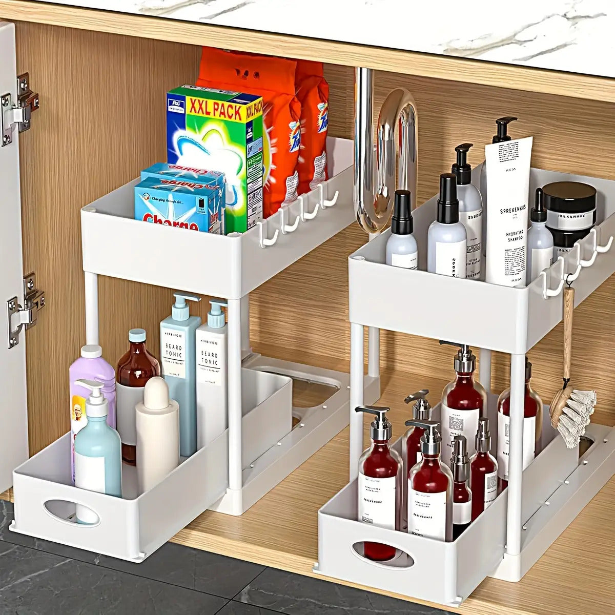 2-Tier Under Sink Organizer 2-Pack - Multi-Purpose Sliding Cabinet Basket Drawers with 8 Hooks for Kitchen & Bathroom Storage