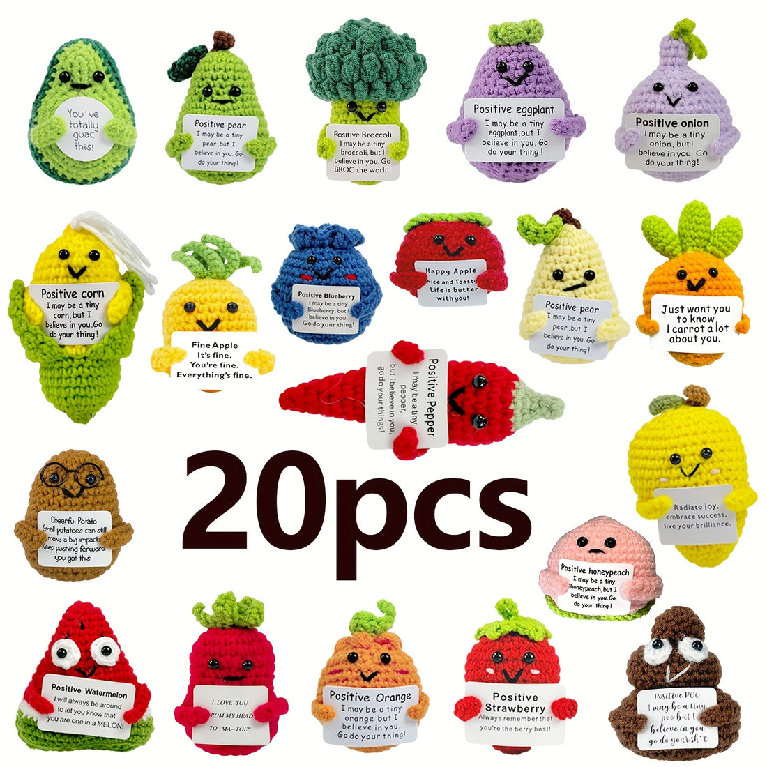 Handmade emotional support crochet dolls set with 20 positive animal and flower designs