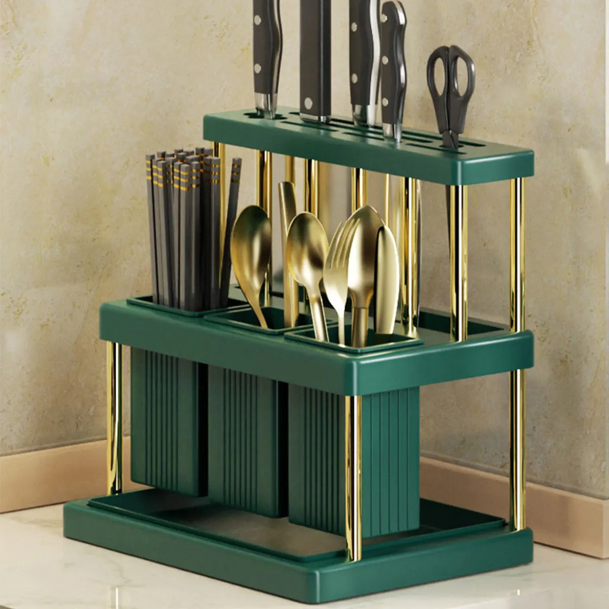 New PP Space-Saving Kitchen Knife Holder - Multi-Function Cutter & Cutlery Drainer Rack for Organized Storage