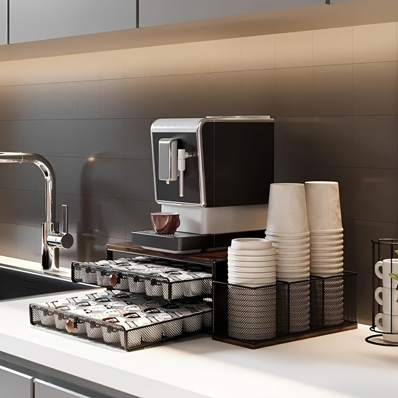 Black Wood & Iron K-Cup Holder with Double Storage Drawers - Coffee Station Organizer Rack for Capsules & Accessories