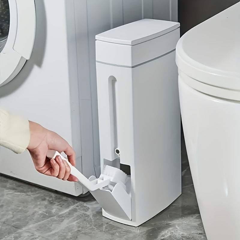 Space-Saving Bathroom Trash Can with Press-to-Open Lid & Integrated Toilet Brush Holder – Modern, Durable, No-Drill Installation
