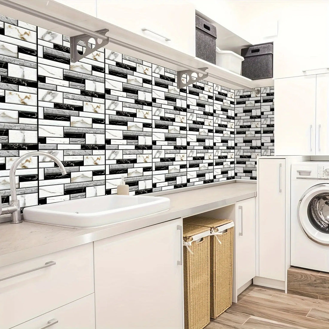 3D self-adhesive tile wall stickers applied as kitchen backsplash showing realistic texture
