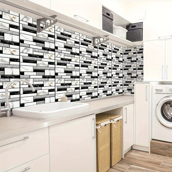3D self-adhesive tile wall stickers applied as kitchen backsplash showing realistic texture