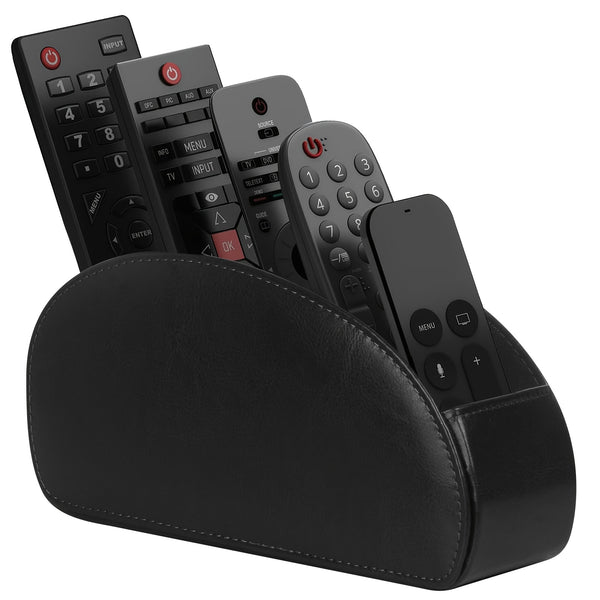 Black faux leather remote control holder with 5 compartments for TV and media remotes
