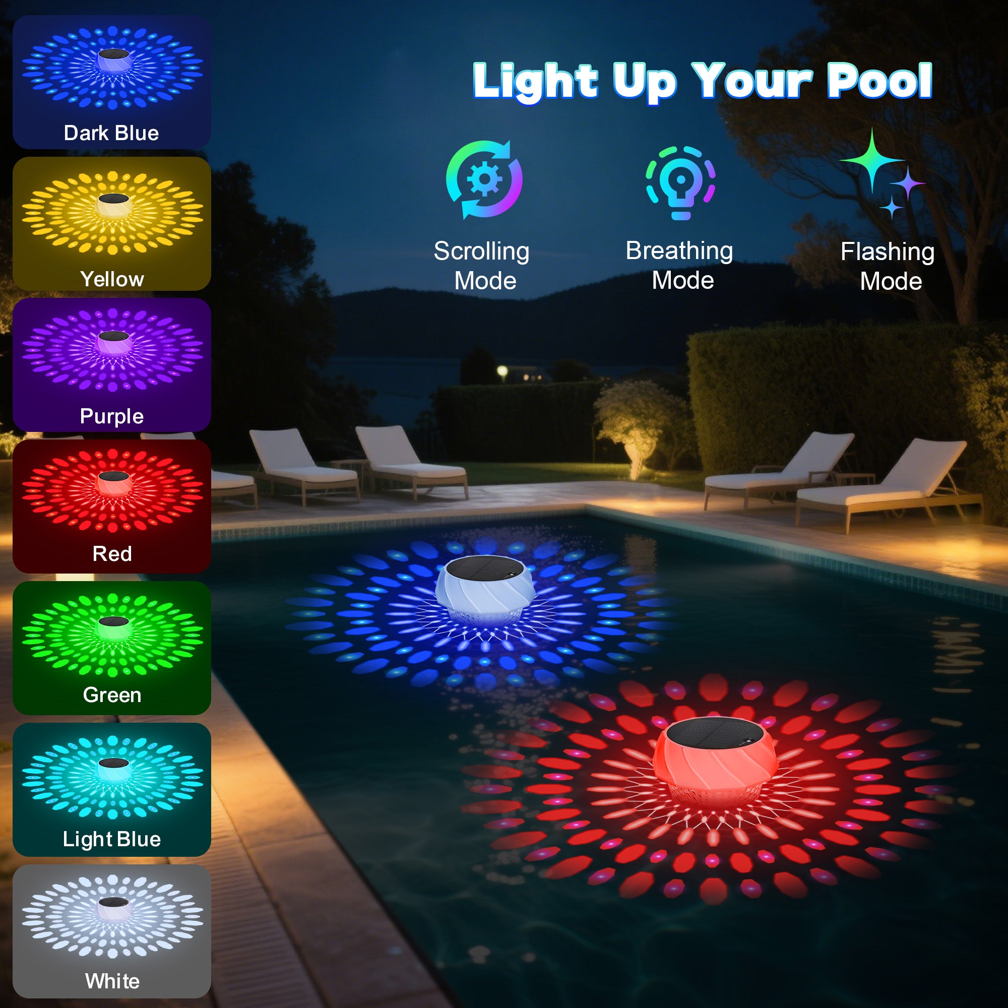 Solar Pool Chlorine Floater with Remote Control 7 Colorful Lights 4 Light Mode 3 Timer Adjustable 3 Inch Tablet Release