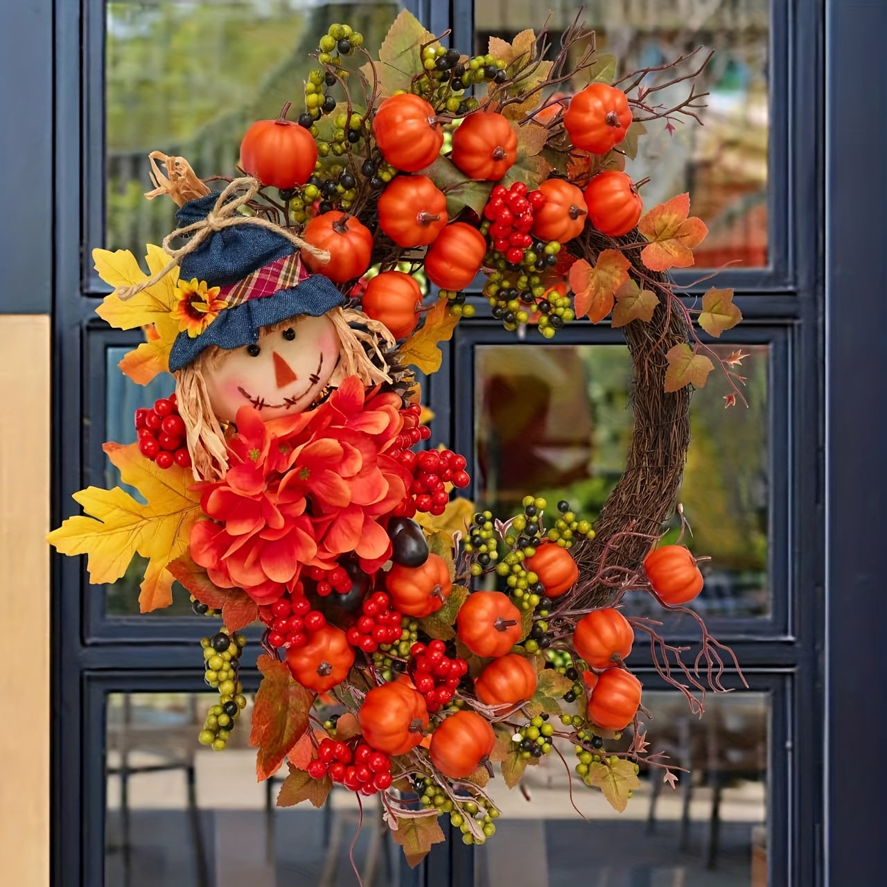 Fall Door Wreath with Pumpkin & Scarecrow - Thanksgiving Harvest Decoration