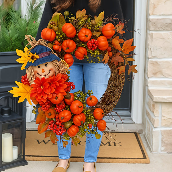 Fall Door Wreath with Pumpkin & Scarecrow - Thanksgiving Harvest Decoration