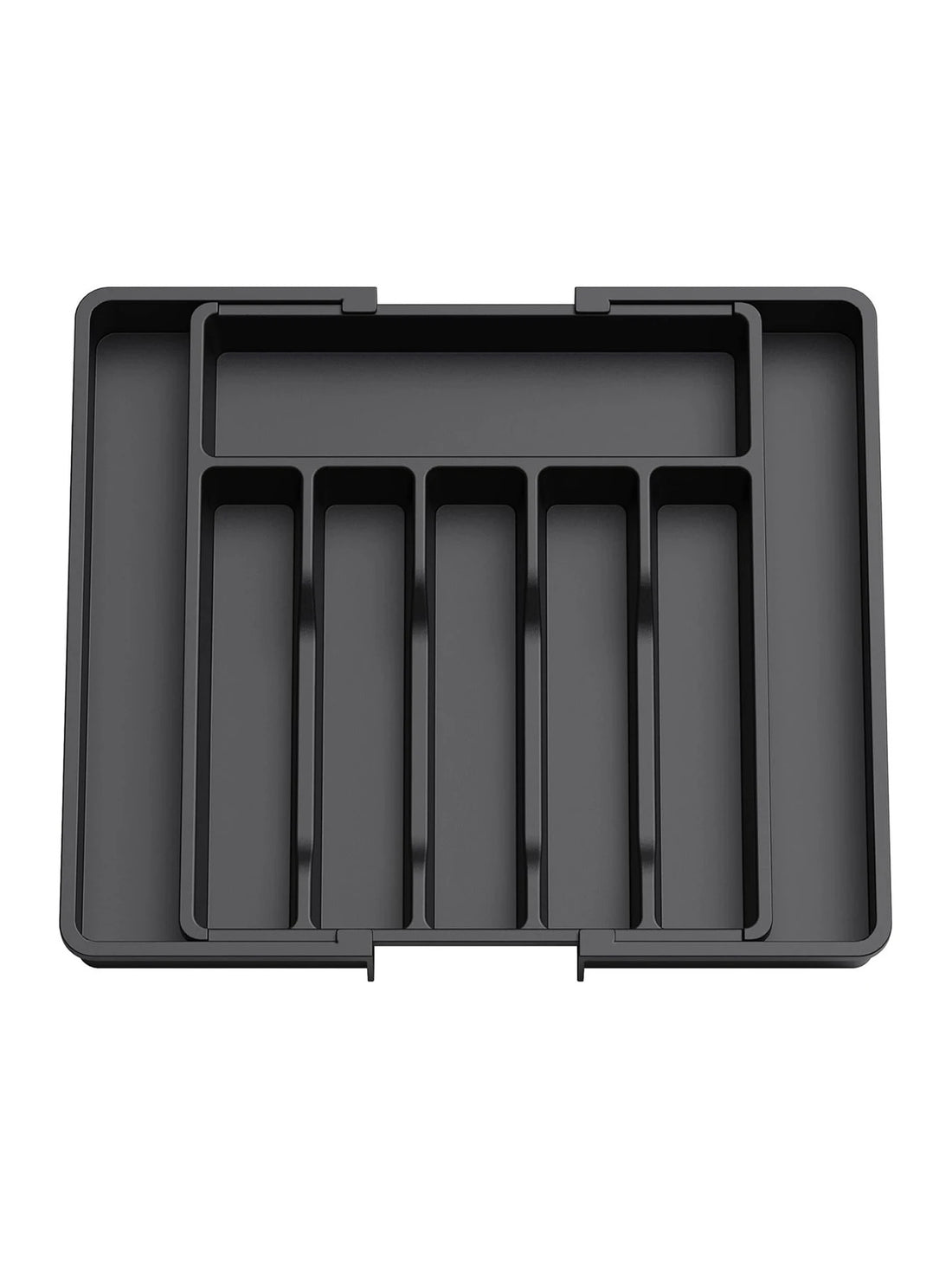 Adjustable silverware drawer organizer showing expandable design with compartments for forks knives and spoons