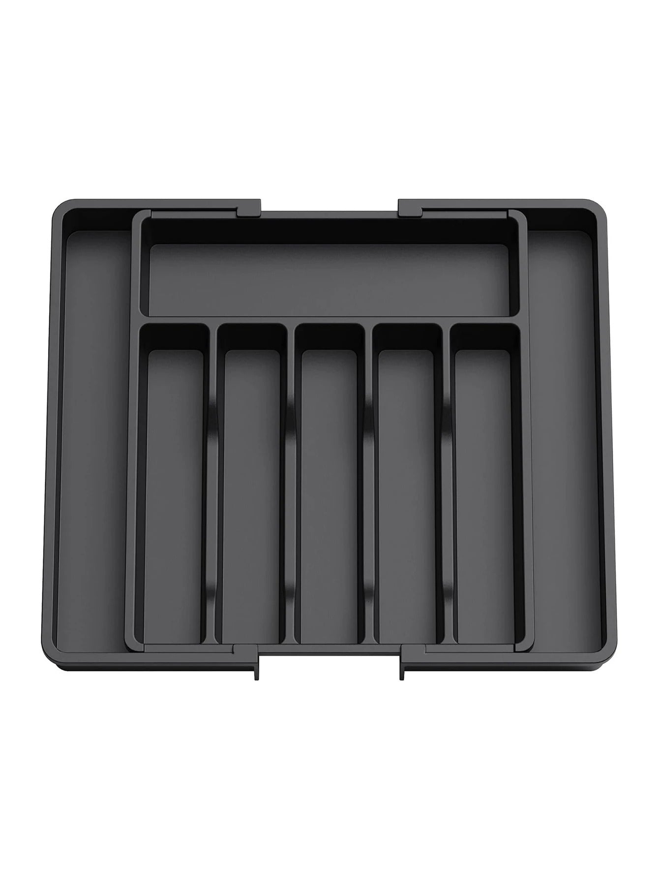 Adjustable silverware drawer organizer showing expandable design with compartments for forks knives and spoons