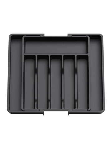 Adjustable silverware drawer organizer showing expandable design with compartments for forks knives and spoons