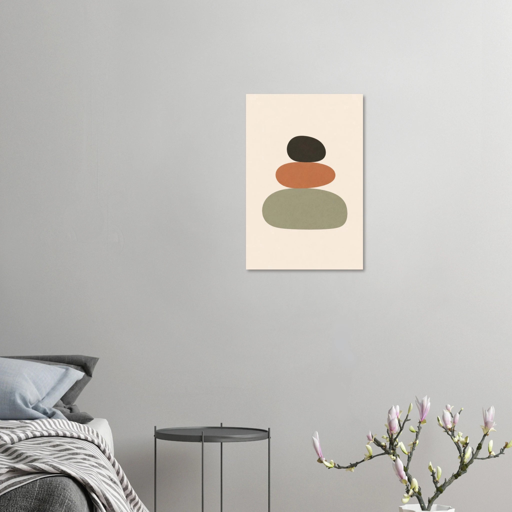 Balanced Stones nursery print displayed unframed on a light grey bedroom wall