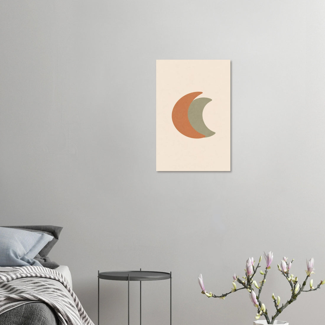 Crescent Moon minimalist nursery print, shown flat as an unframed matte poster