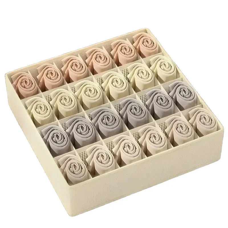 Drawer organizer boxes set showing compartments for underwear bra and sock storage