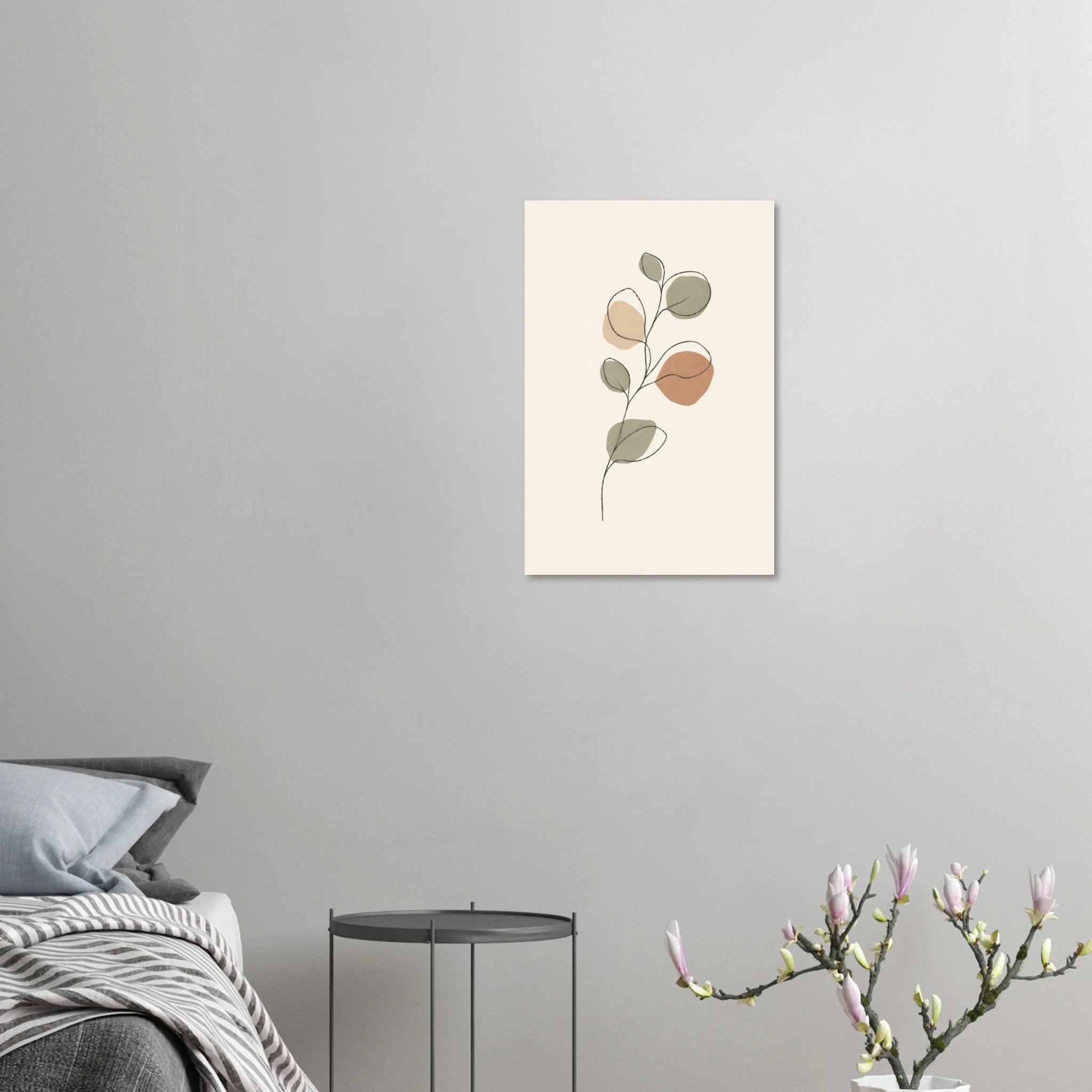 Eucalyptus Branch nursery print displayed unframed on a light grey bedroom wall