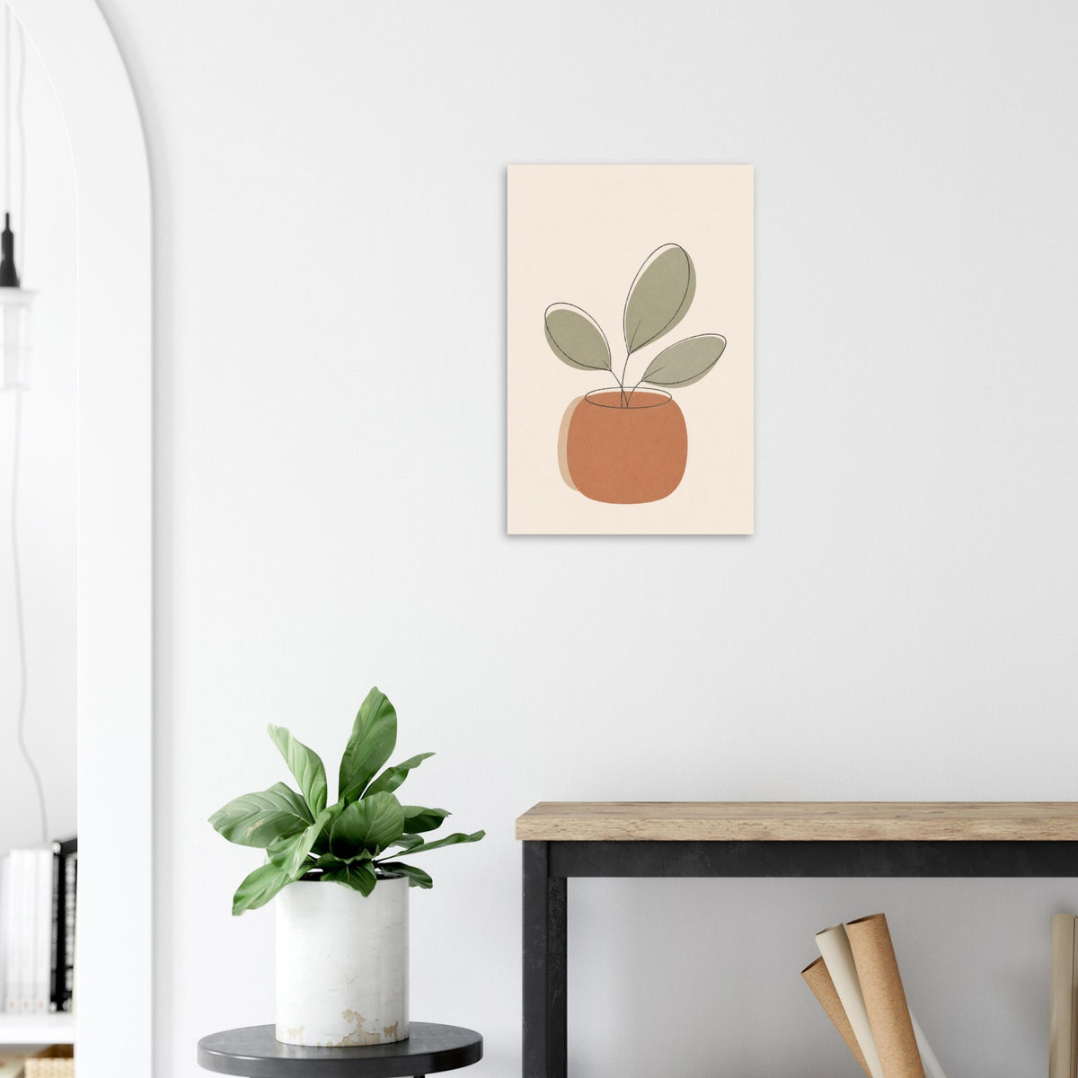 Little Potted Plant nursery print on a white wall above a wooden bench with a plant
