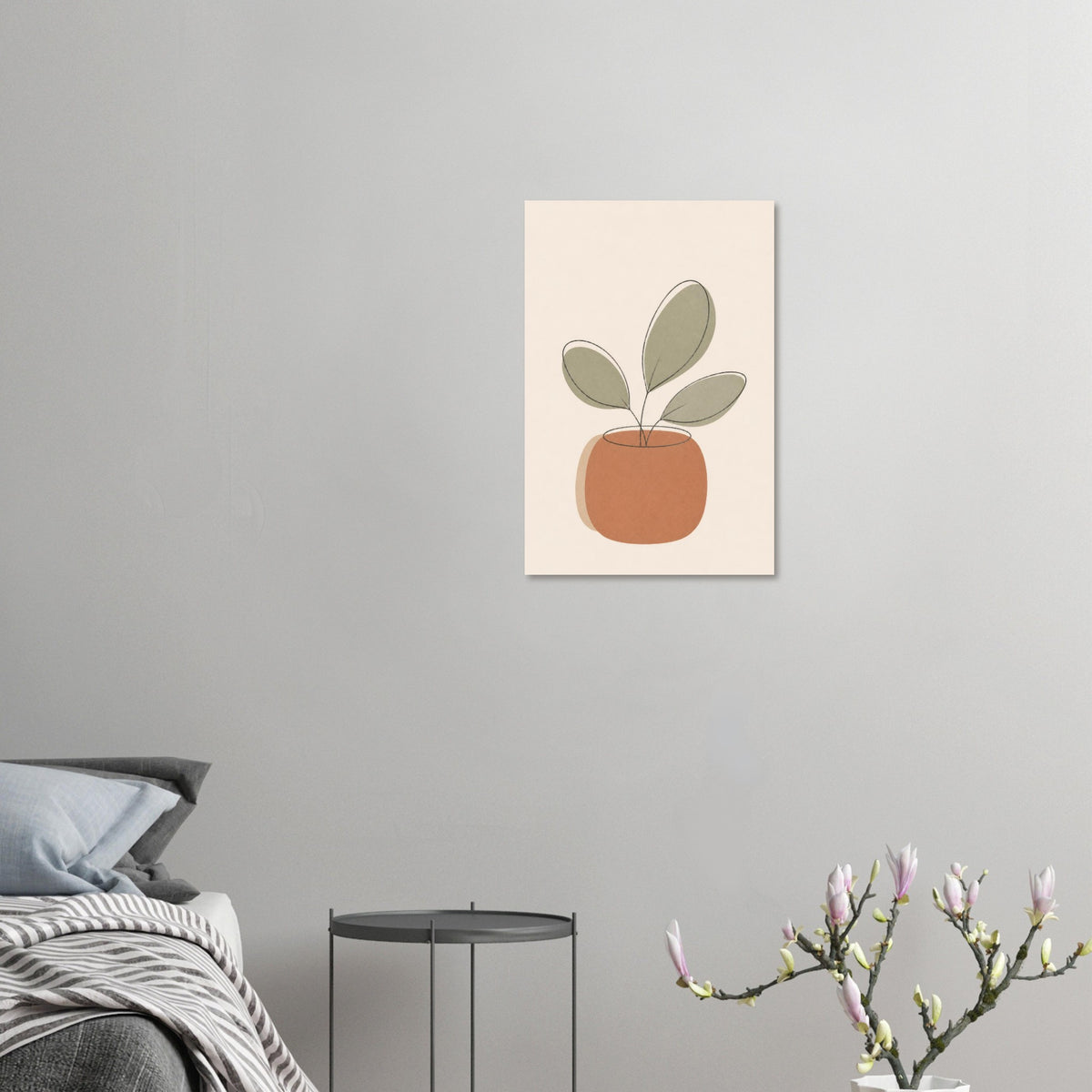 Little Potted Plant nursery print displayed unframed on a light grey bedroom wall