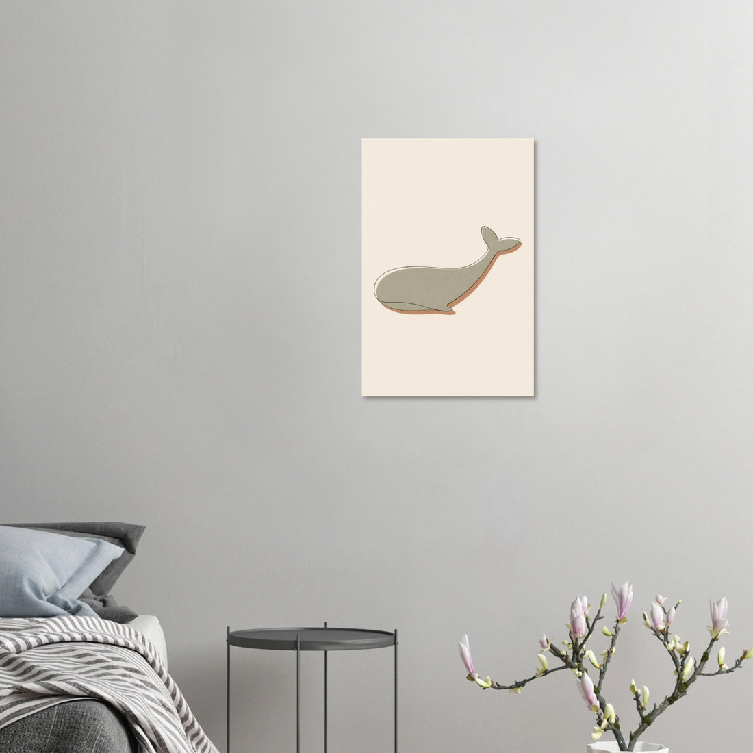Little Whale minimalist nursery print, shown flat as an unframed matte poster